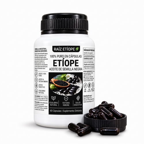 Frasco de Aceite Etíope de Semilla Negra Raíz Etíope, 60 cápsulas