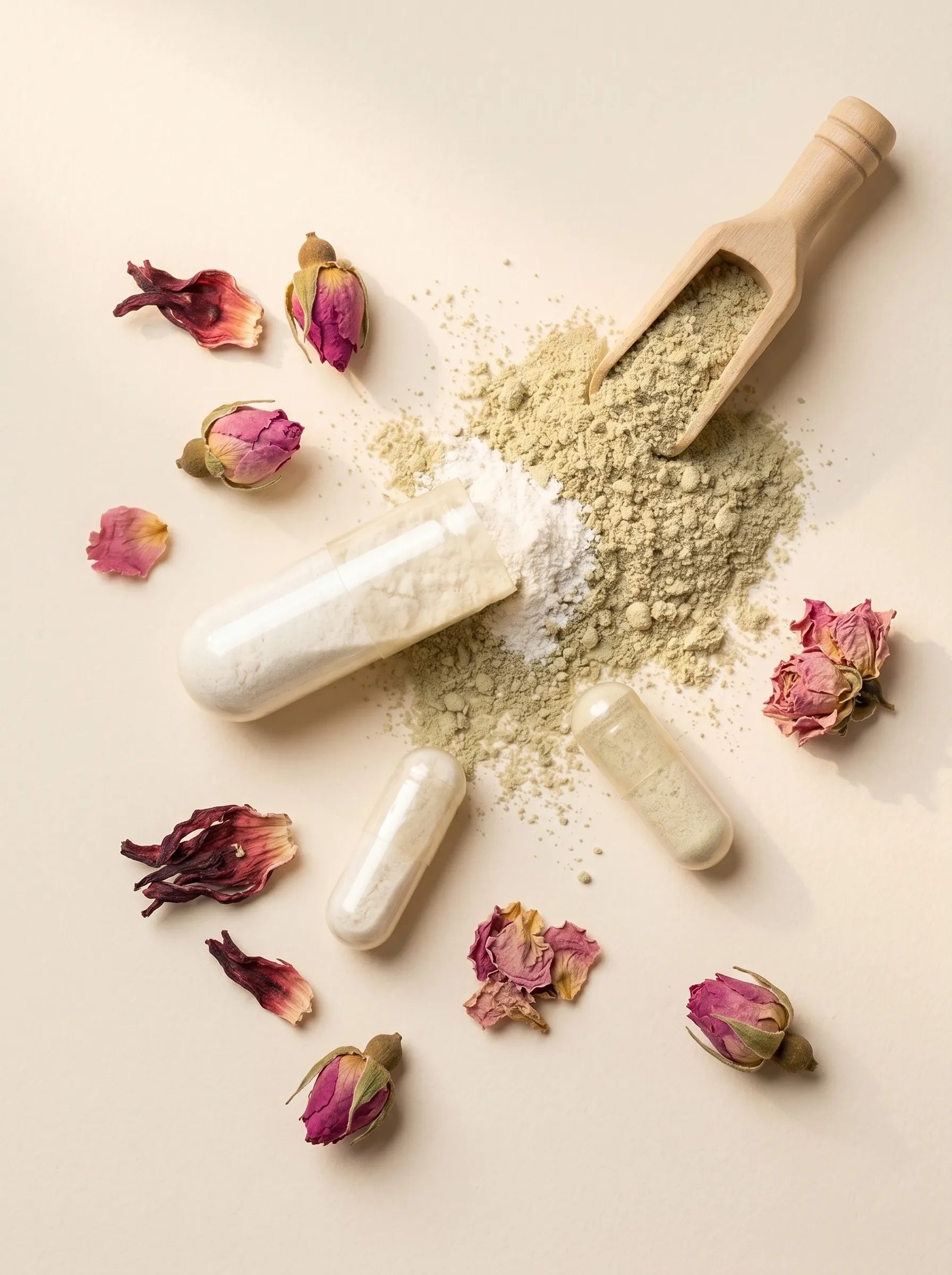Flatlay de cápsulas e ingredientes botánicos — fórmula vegana
