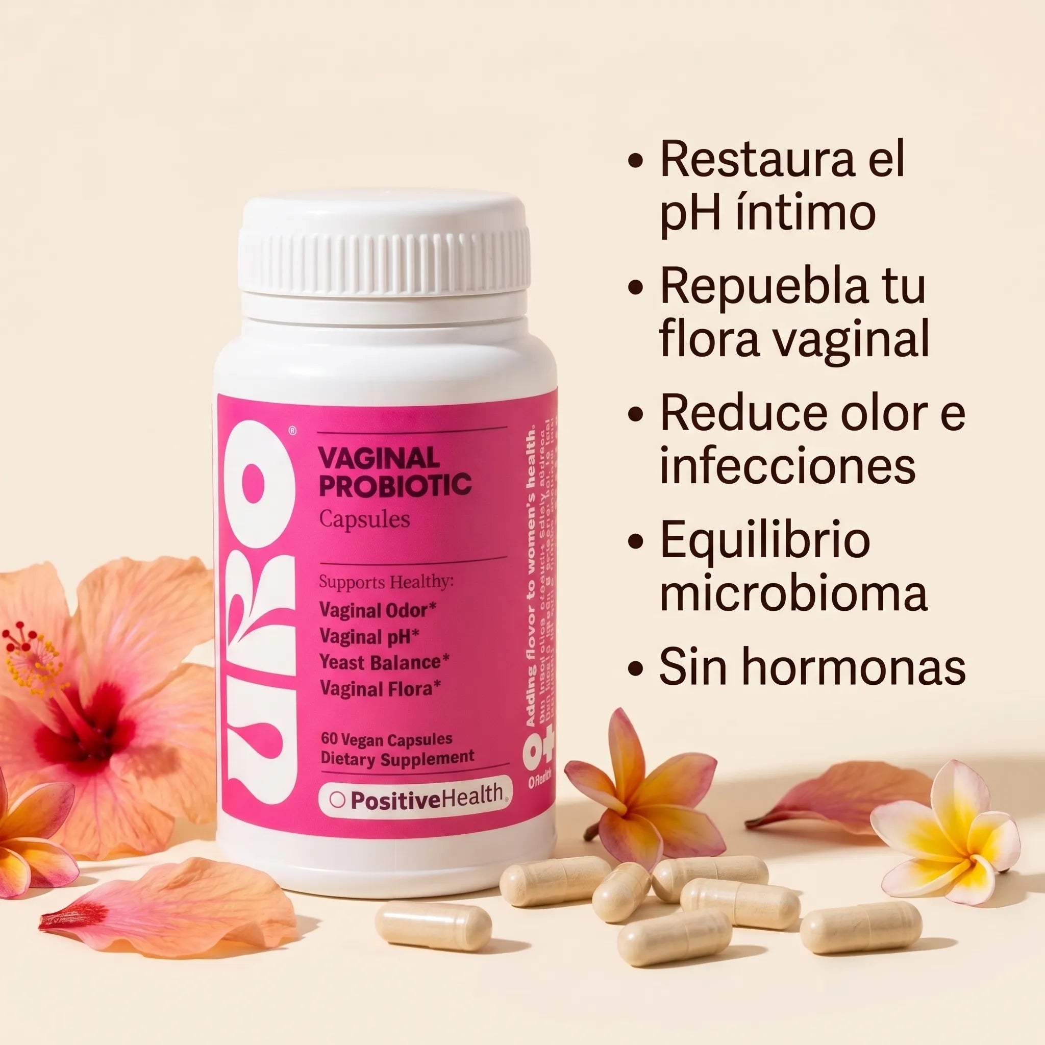 Frasco Florí URO Vaginal Probiotic con cápsulas e ingredientes