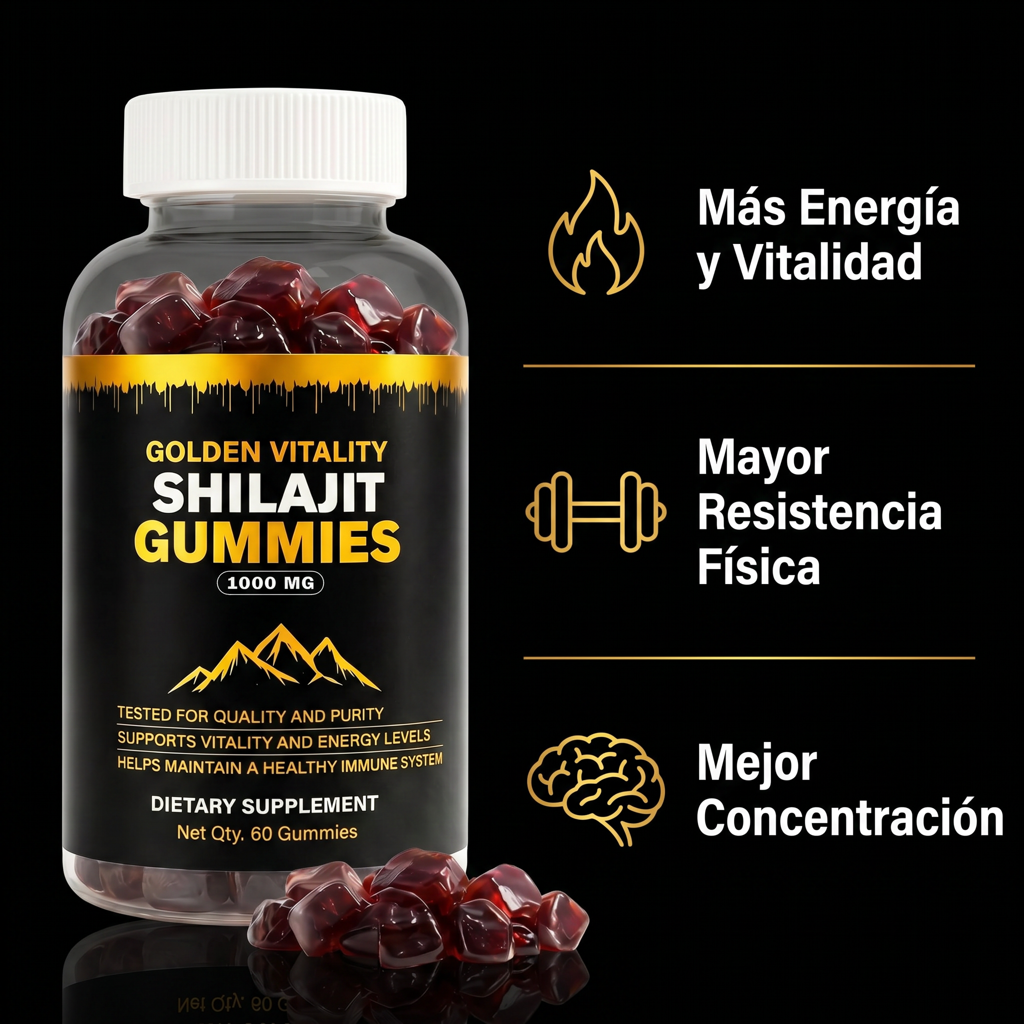 Golden Vitality Gomitas de Shilajit 1000mg — Más Energía, Resistencia y Concentración