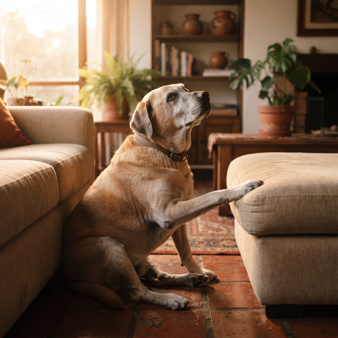 Perro senior con las patas delanteras apoyadas en el sofá, mirando el cojín al que ya no puede subir