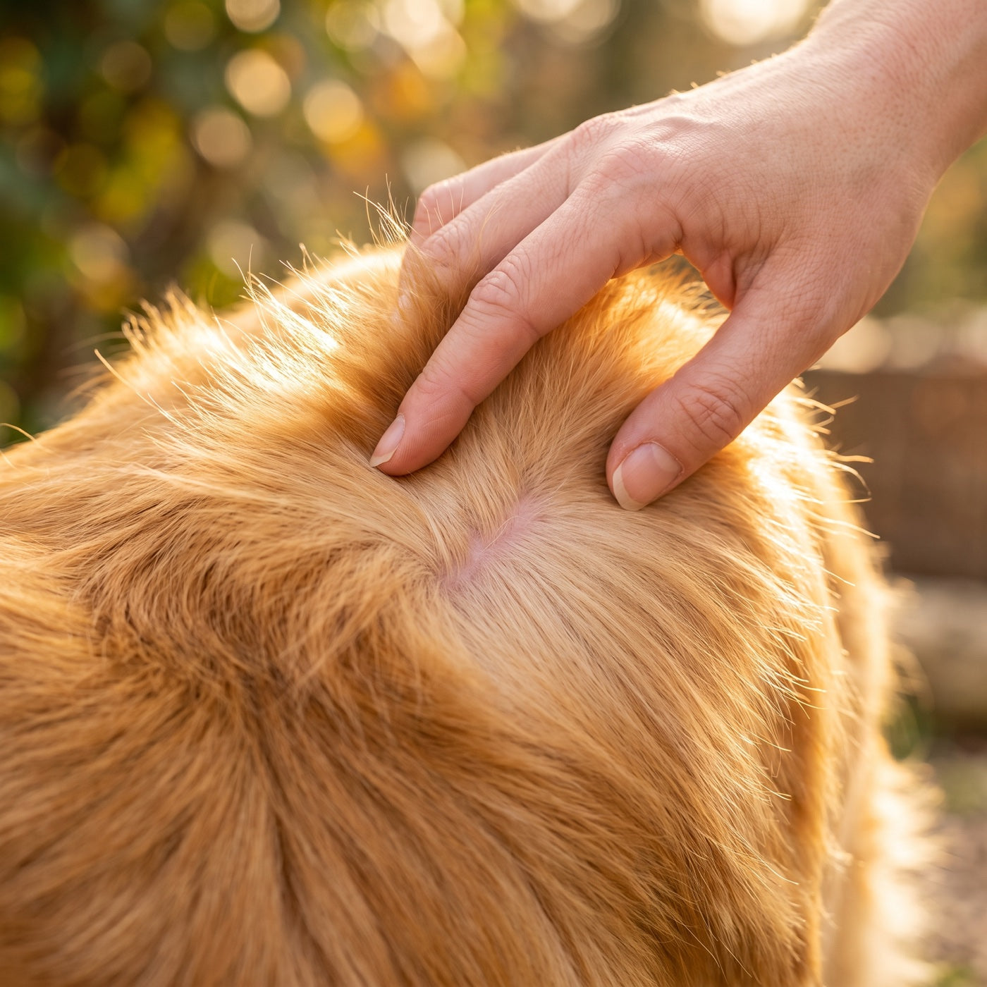 Mano abriendo el pelo del lomo de un perro a contraluz, pelaje brillante y sano