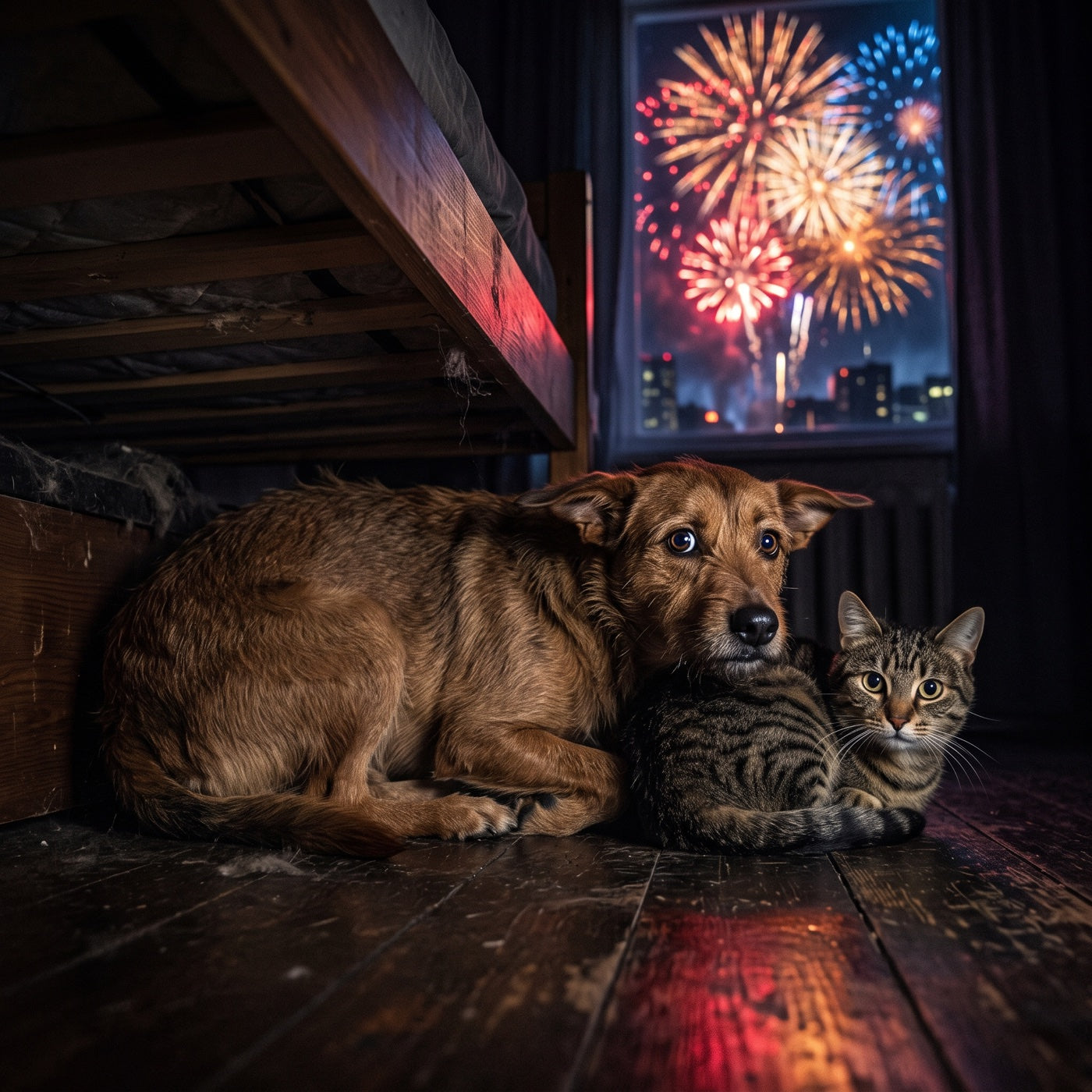 Perro y gato escondidos debajo de una cama mientras estallan fuegos artificiales por la ventana