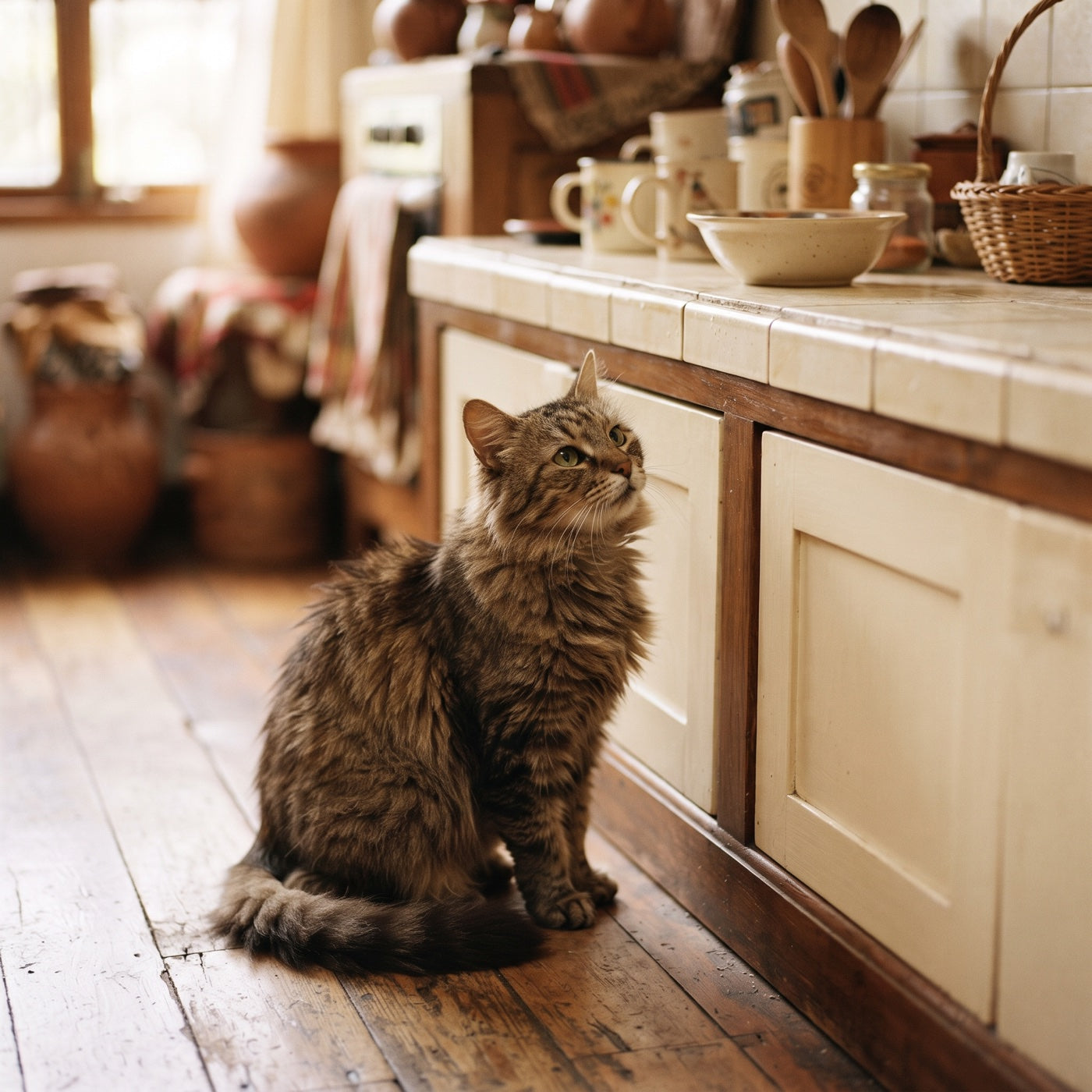 Gato adulto sentado en el piso de la cocina mirando el mesón al que ya no salta