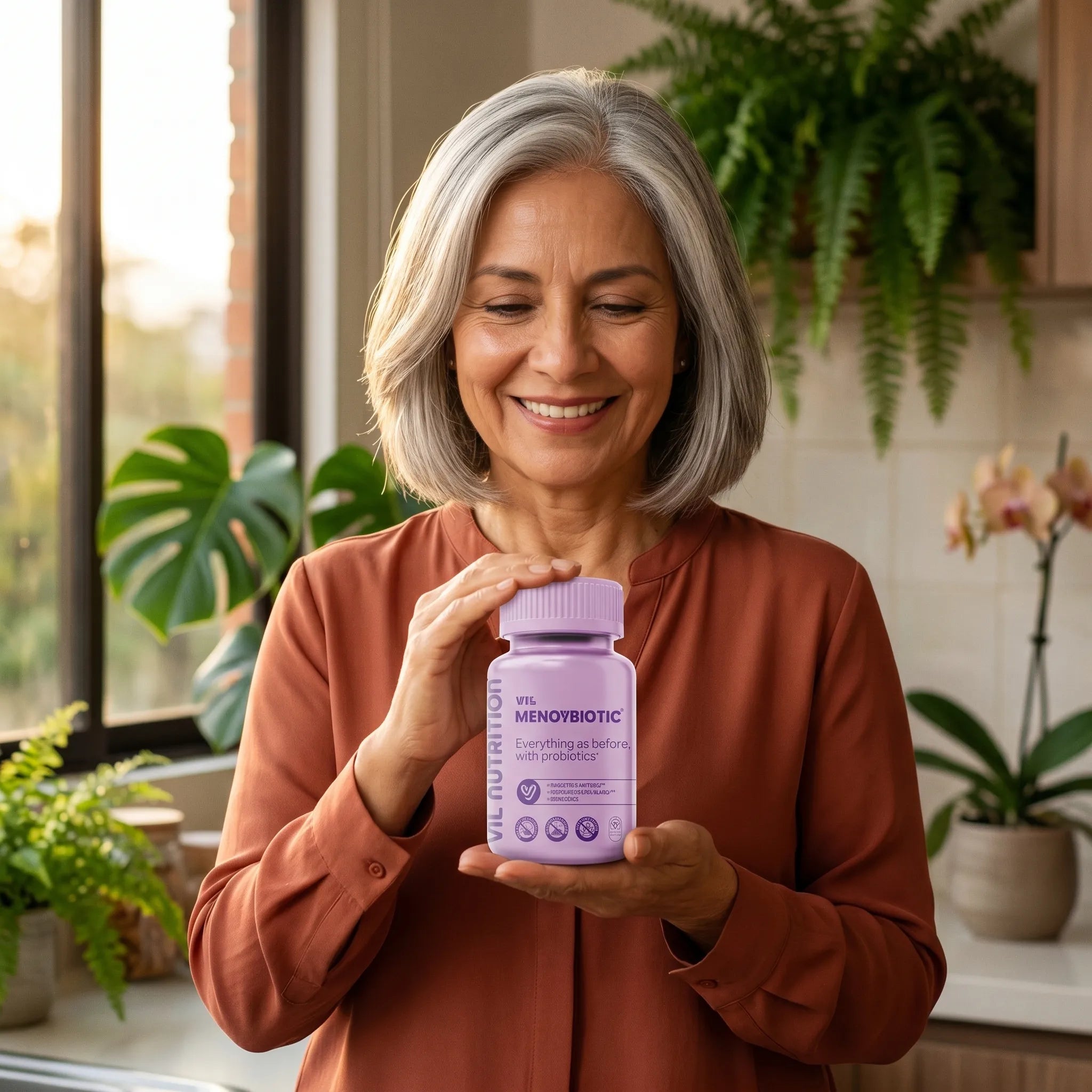 Mujer madura sosteniendo V.I.L. MenoYBiotic en cocina luminosa