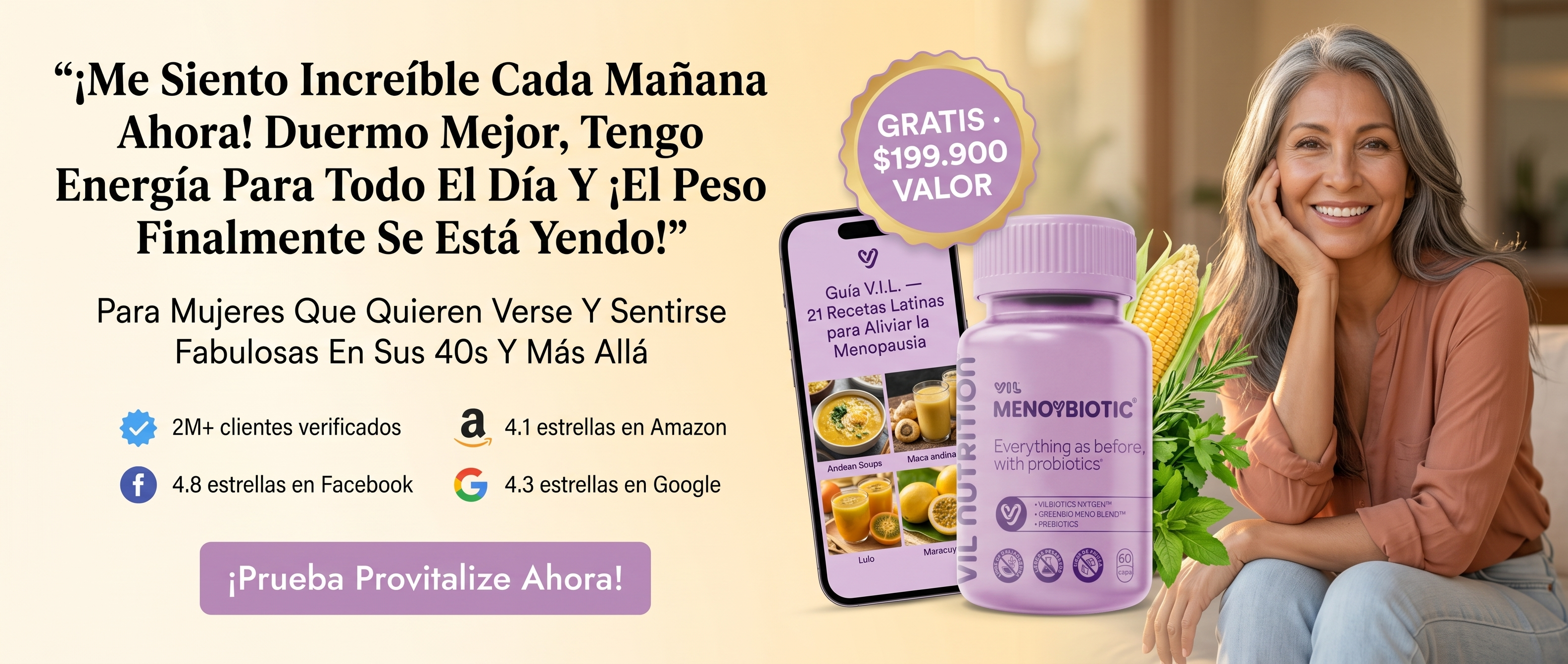 V.I.L. MenoYBiotic — Probiótico natural para la menopausia, con Guía 21 Recetas Latinas gratis