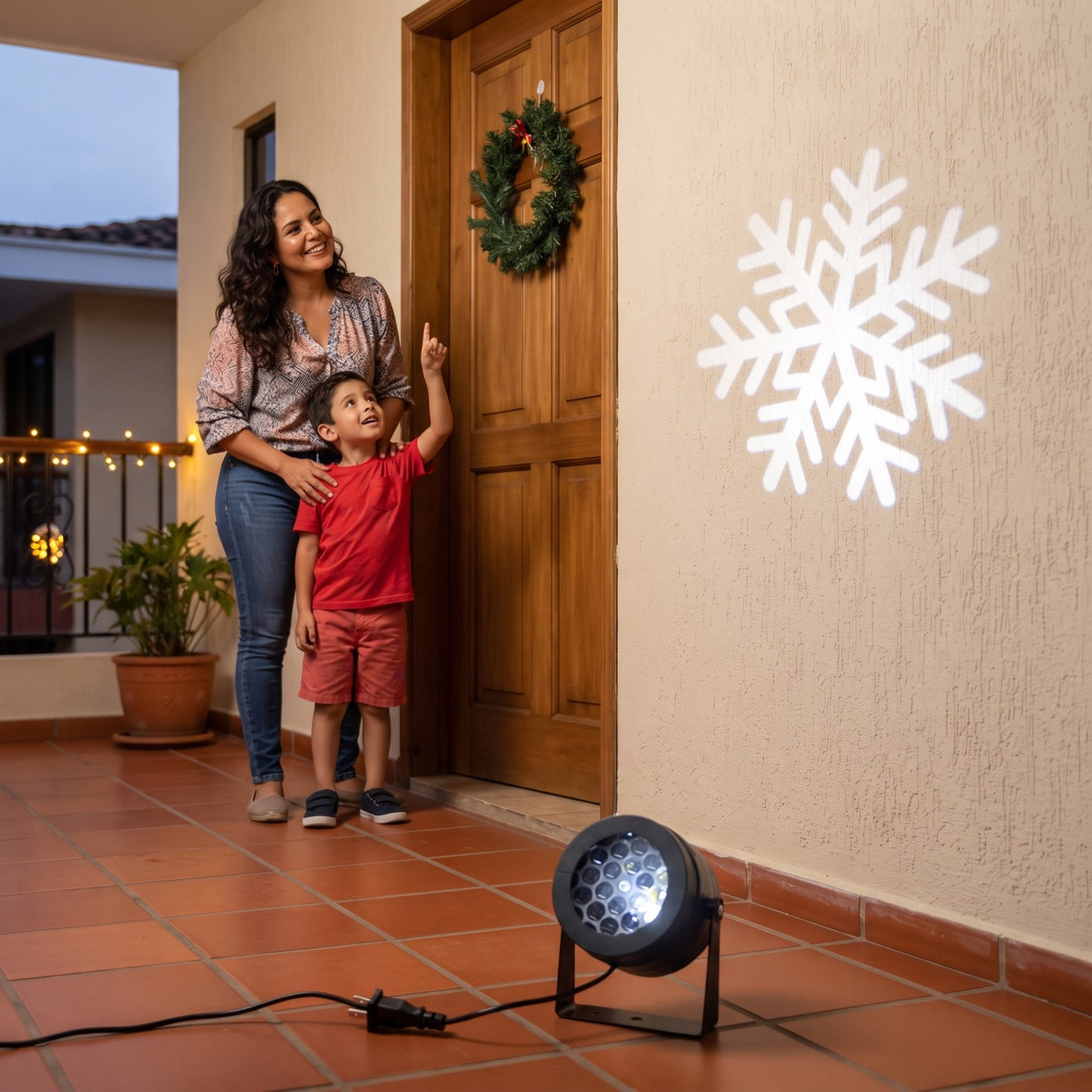 Familia mirando el copo proyectado en la fachada