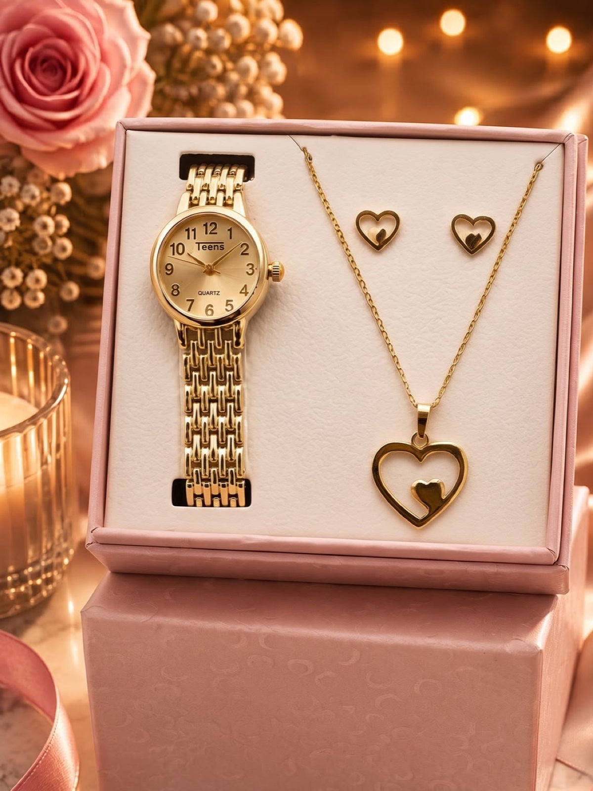 Reloj de dama Teens con collar y aretes de regalo en estuche rosa